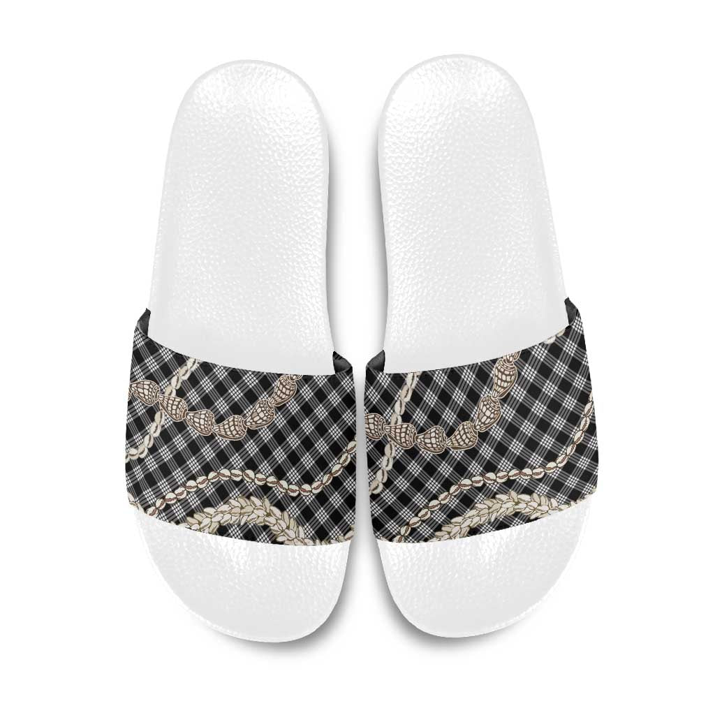 Black Aloha Hawaii Shell Lei Slide Sandals Palaka Hebrew Cone Honey Cowrie Elegant Curves - Polynesian Pride