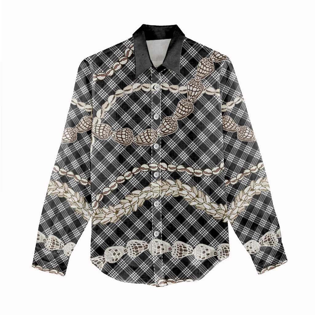 Black Aloha Hawaii Shell Lei Women Casual Shirt Palaka Hebrew Cone Honey Cowrie Elegant Curves - Polynesian Pride