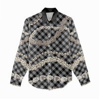 Black Aloha Hawaii Shell Lei Women Casual Shirt Palaka Hebrew Cone Honey Cowrie Elegant Curves - Polynesian Pride