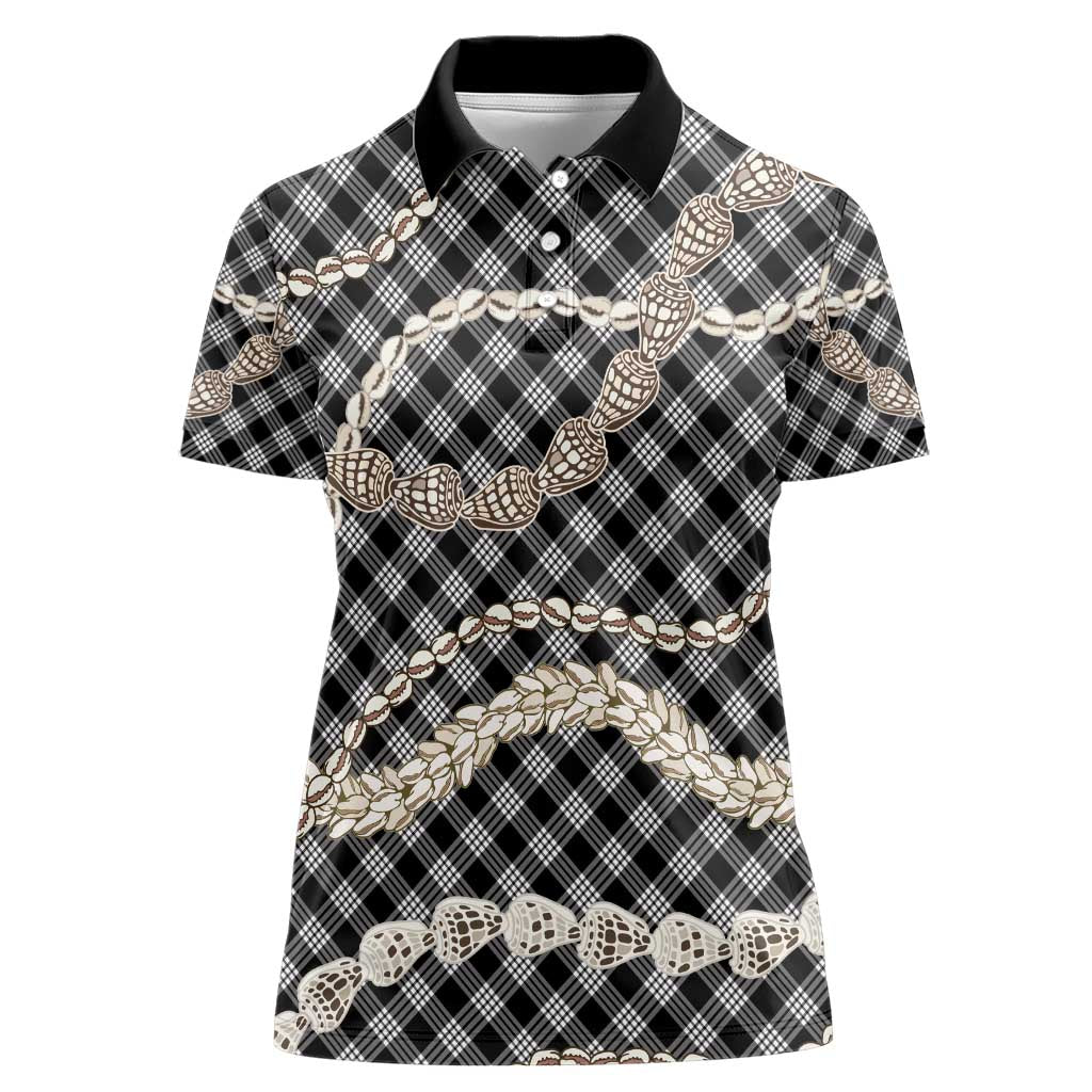 Black Aloha Hawaii Shell Lei Women Polo Shirt Palaka Hebrew Cone Honey Cowrie Elegant Curves - Polynesian Pride
