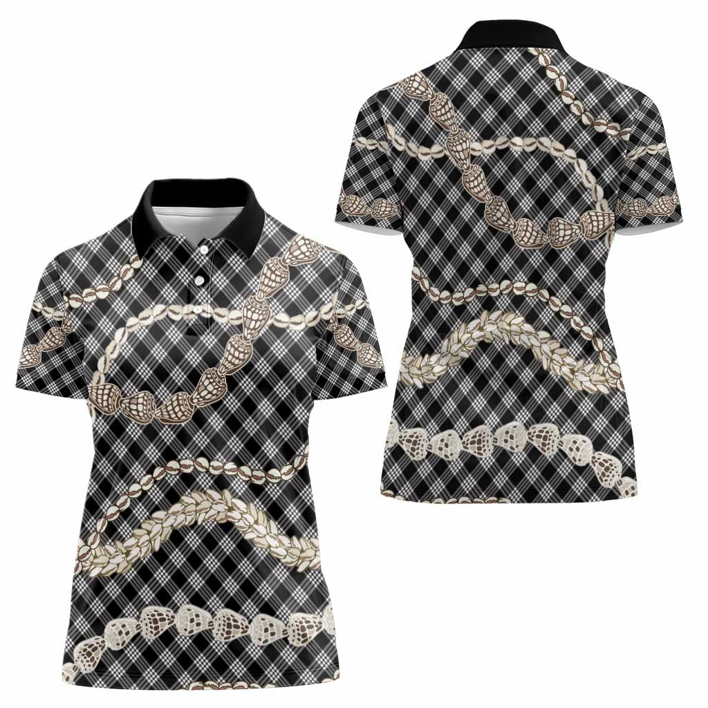 Black Aloha Hawaii Shell Lei Women Polo Shirt Palaka Hebrew Cone Honey Cowrie Elegant Curves - Polynesian Pride