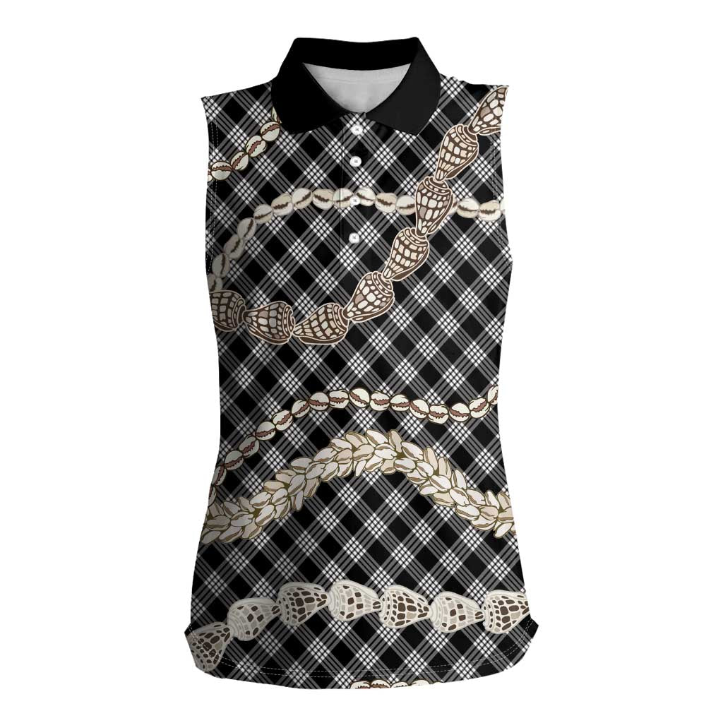 Black Aloha Hawaii Shell Lei Women Sleeveless Polo Shirt Palaka Hebrew Cone Honey Cowrie Elegant Curves - Polynesian Pride