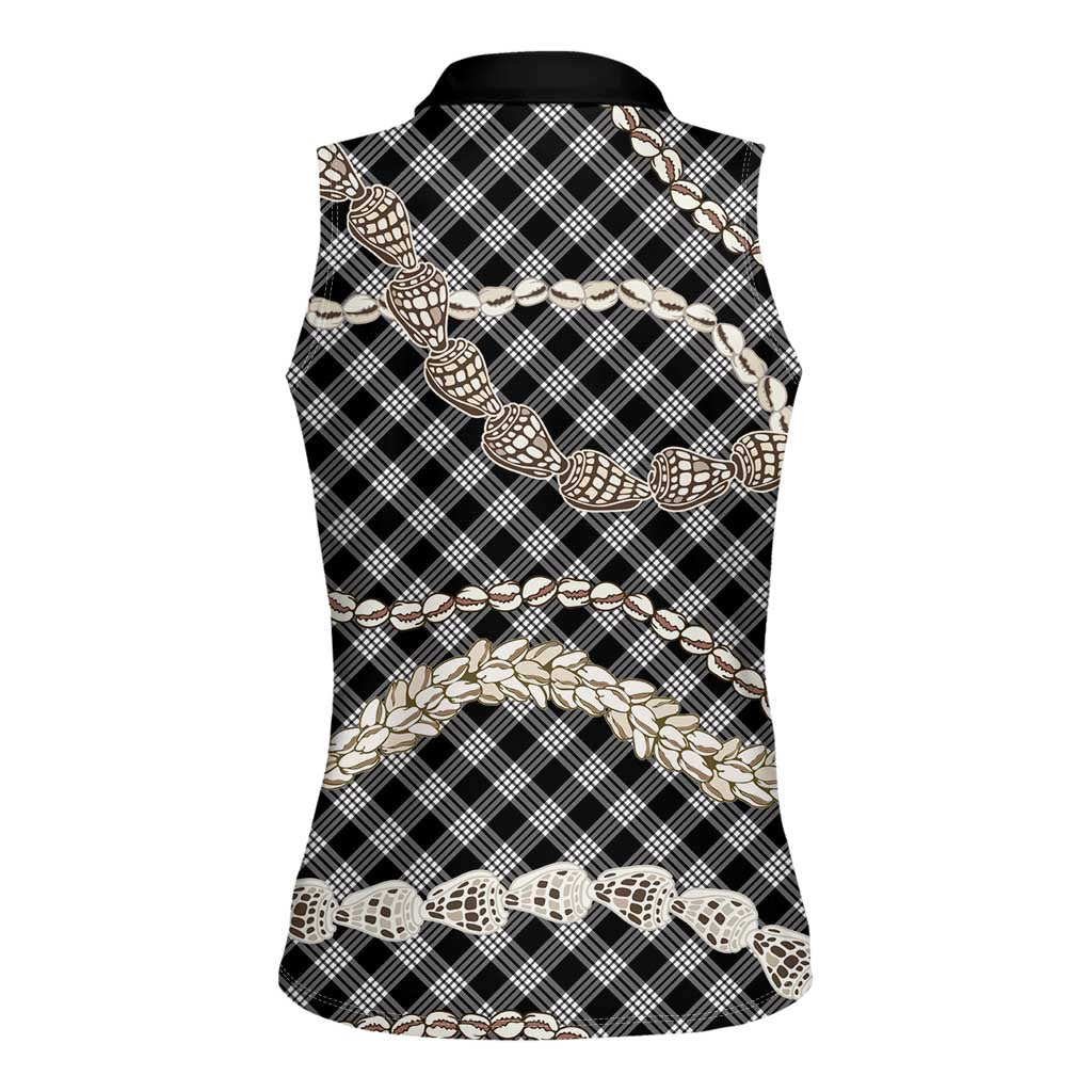 Black Aloha Hawaii Shell Lei Women Sleeveless Polo Shirt Palaka Hebrew Cone Honey Cowrie Elegant Curves - Polynesian Pride