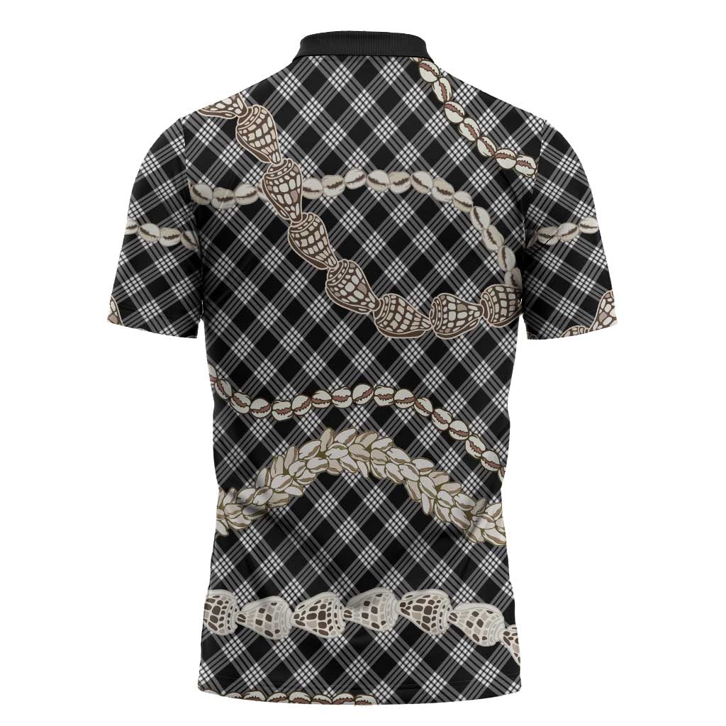 Black Aloha Hawaii Shell Lei Zipper Polo Shirt Palaka Hebrew Cone Honey Cowrie Elegant Curves - Polynesian Pride