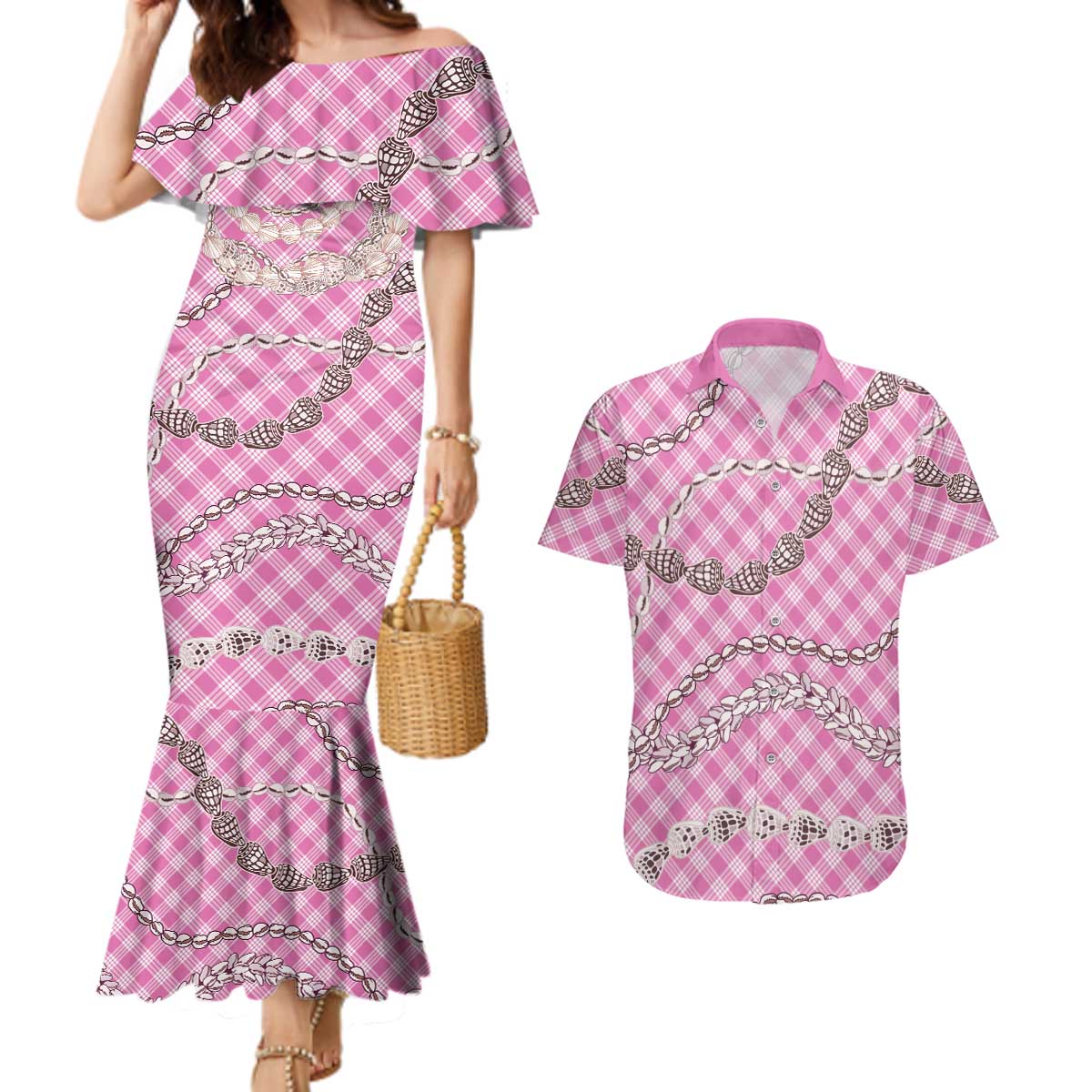 Pink Aloha Hawaii Shell Lei Couples Matching Mermaid Dress and Hawaiian Shirt Palaka Hebrew Cone Honey Cowrie Elegant Curves - Polynesian Pride