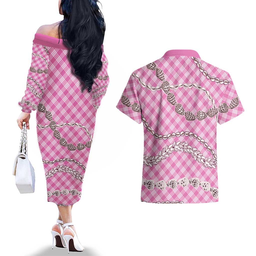 Pink Aloha Hawaii Shell Lei Couples Matching Off The Shoulder Long Sleeve Dress and Hawaiian Shirt Palaka Hebrew Cone Honey Cowrie Elegant Curves LT14 - Polynesian Pride