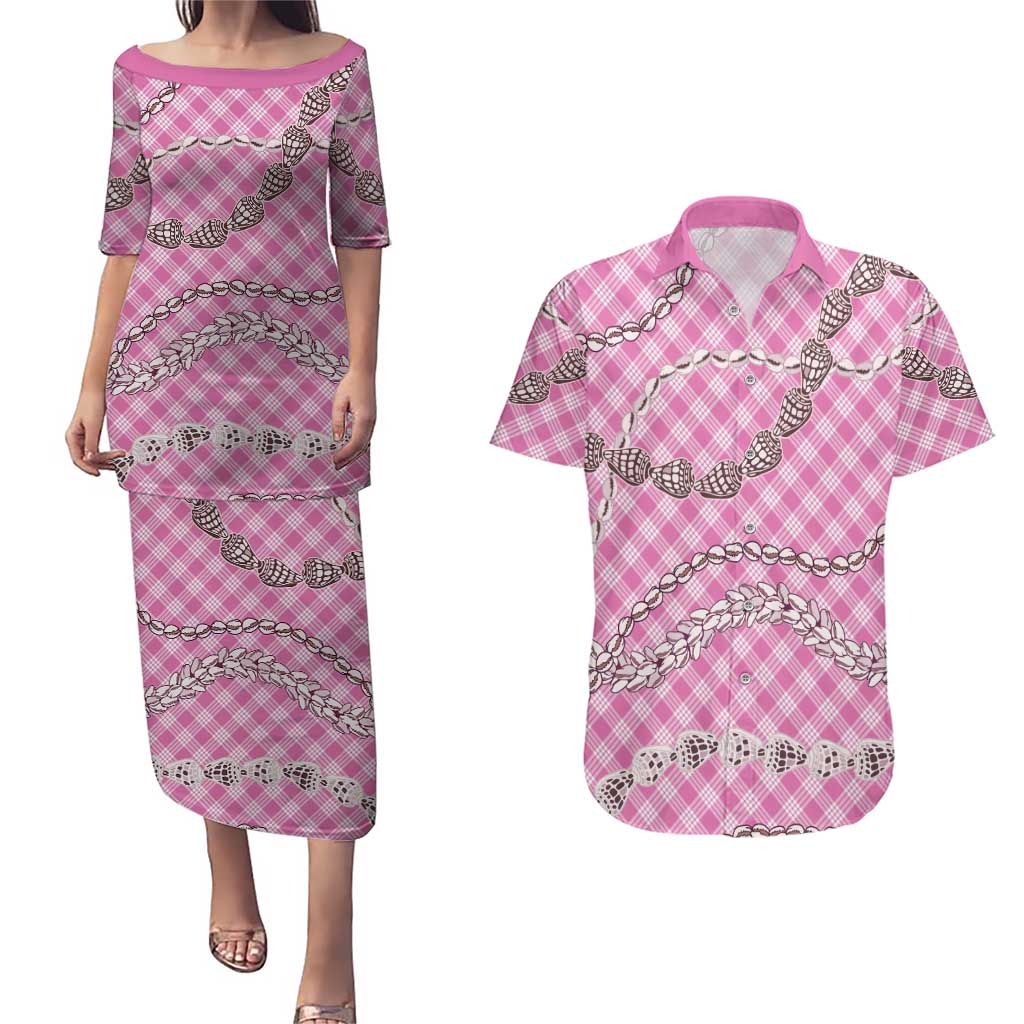 Pink Aloha Hawaii Shell Lei Couples Matching Puletasi and Hawaiian Shirt Palaka Hebrew Cone Honey Cowrie Elegant Curves - Polynesian Pride