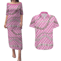 Pink Aloha Hawaii Shell Lei Couples Matching Puletasi and Hawaiian Shirt Palaka Hebrew Cone Honey Cowrie Elegant Curves - Polynesian Pride