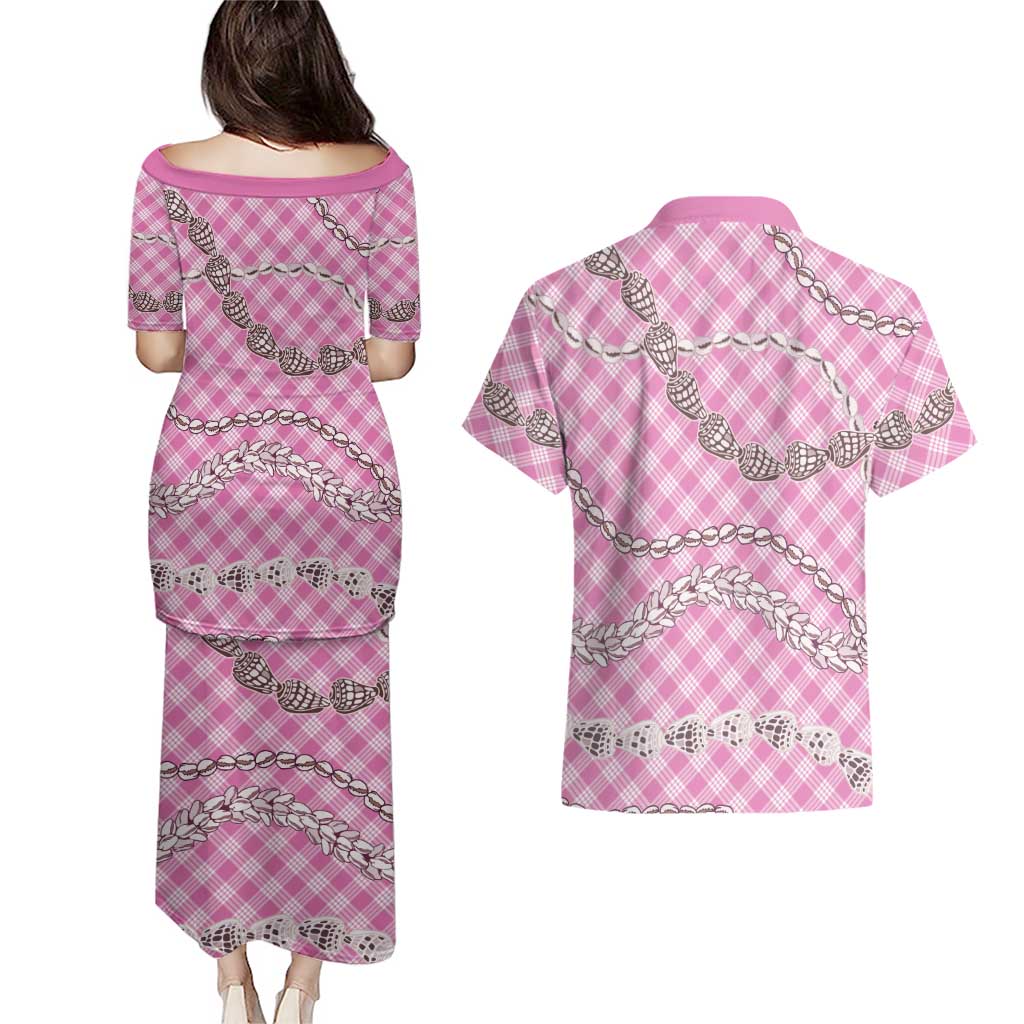 Pink Aloha Hawaii Shell Lei Couples Matching Puletasi and Hawaiian Shirt Palaka Hebrew Cone Honey Cowrie Elegant Curves - Polynesian Pride