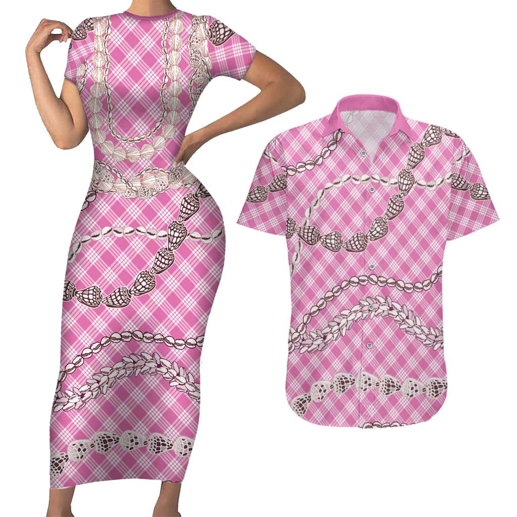 Pink Aloha Hawaii Shell Lei Couples Matching Short Sleeve Bodycon Dress and Hawaiian Shirt Palaka Hebrew Cone Honey Cowrie Elegant Curves LT14 Pink - Polynesian Pride