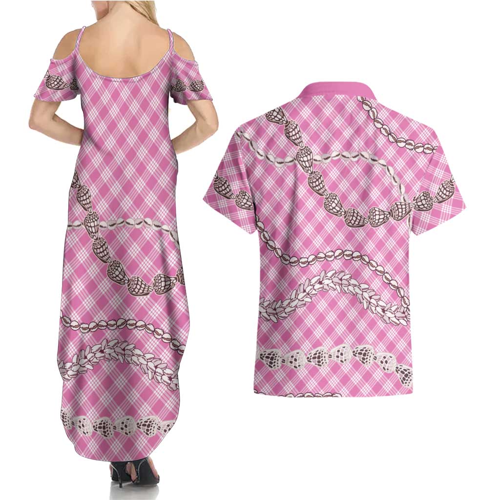 Pink Aloha Hawaii Shell Lei Couples Matching Summer Maxi Dress and Hawaiian Shirt Palaka Hebrew Cone Honey Cowrie Elegant Curves - Polynesian Pride
