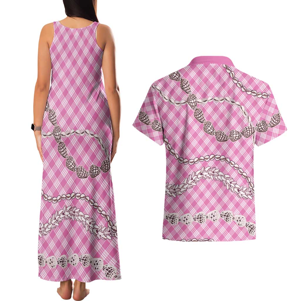 Pink Aloha Hawaii Shell Lei Couples Matching Tank Maxi Dress and Hawaiian Shirt Palaka Hebrew Cone Honey Cowrie Elegant Curves - Polynesian Pride