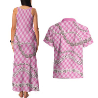 Pink Aloha Hawaii Shell Lei Couples Matching Tank Maxi Dress and Hawaiian Shirt Palaka Hebrew Cone Honey Cowrie Elegant Curves - Polynesian Pride