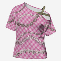 Pink Aloha Hawaii Shell Lei Cross Shoulder Shirt Palaka Hebrew Cone Honey Cowrie Elegant Curves - Polynesian Pride