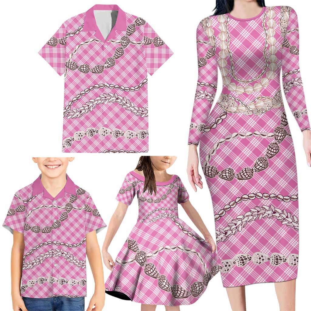 Pink Aloha Hawaii Shell Lei Family Matching Long Sleeve Bodycon Dress and Hawaiian Shirt Palaka Hebrew Cone Honey Cowrie Elegant Curves - Polynesian Pride