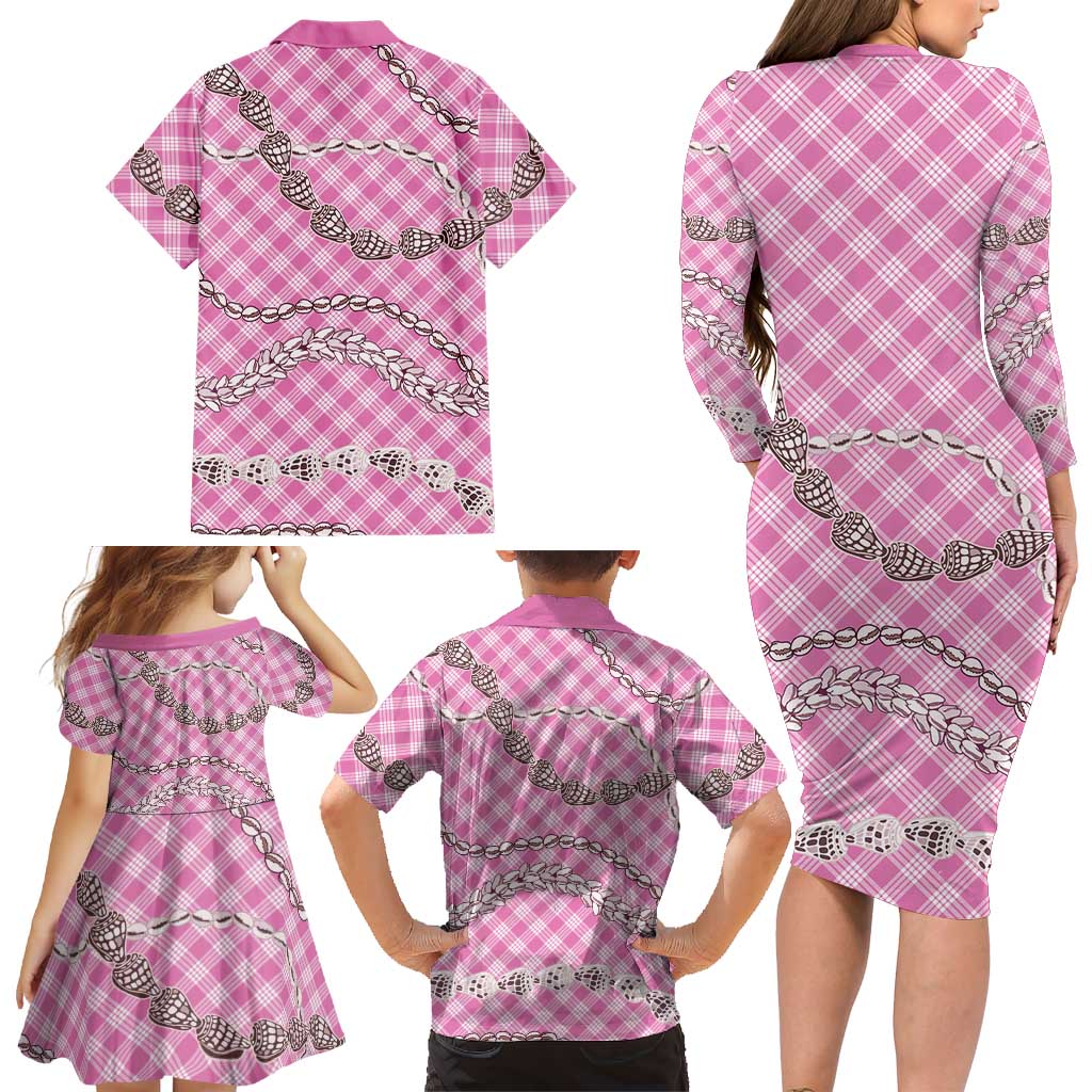 Pink Aloha Hawaii Shell Lei Family Matching Long Sleeve Bodycon Dress and Hawaiian Shirt Palaka Hebrew Cone Honey Cowrie Elegant Curves LT14 - Polynesian Pride