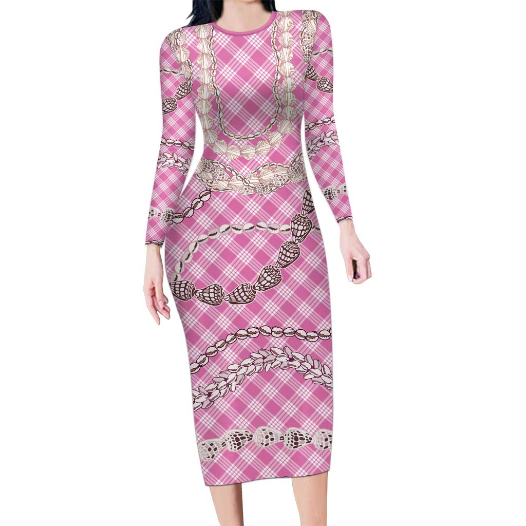 Pink Aloha Hawaii Shell Lei Family Matching Long Sleeve Bodycon Dress and Hawaiian Shirt Palaka Hebrew Cone Honey Cowrie Elegant Curves LT14 Mom's Dress Pink - Polynesian Pride