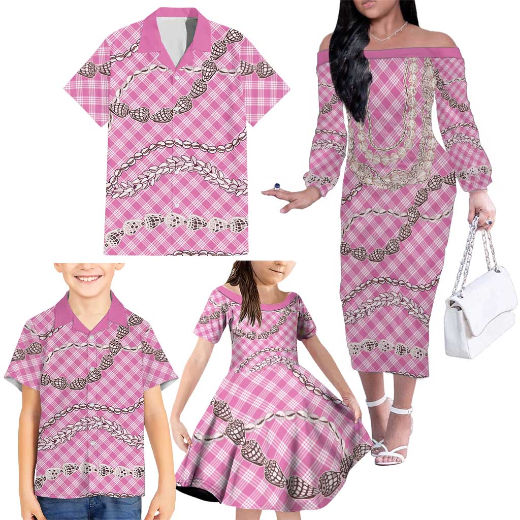 Pink Aloha Hawaii Shell Lei Family Matching Off The Shoulder Long Sleeve Dress and Hawaiian Shirt Palaka Hebrew Cone Honey Cowrie Elegant Curves LT14 - Polynesian Pride