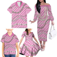Pink Aloha Hawaii Shell Lei Family Matching Off The Shoulder Long Sleeve Dress and Hawaiian Shirt Palaka Hebrew Cone Honey Cowrie Elegant Curves LT14 - Polynesian Pride