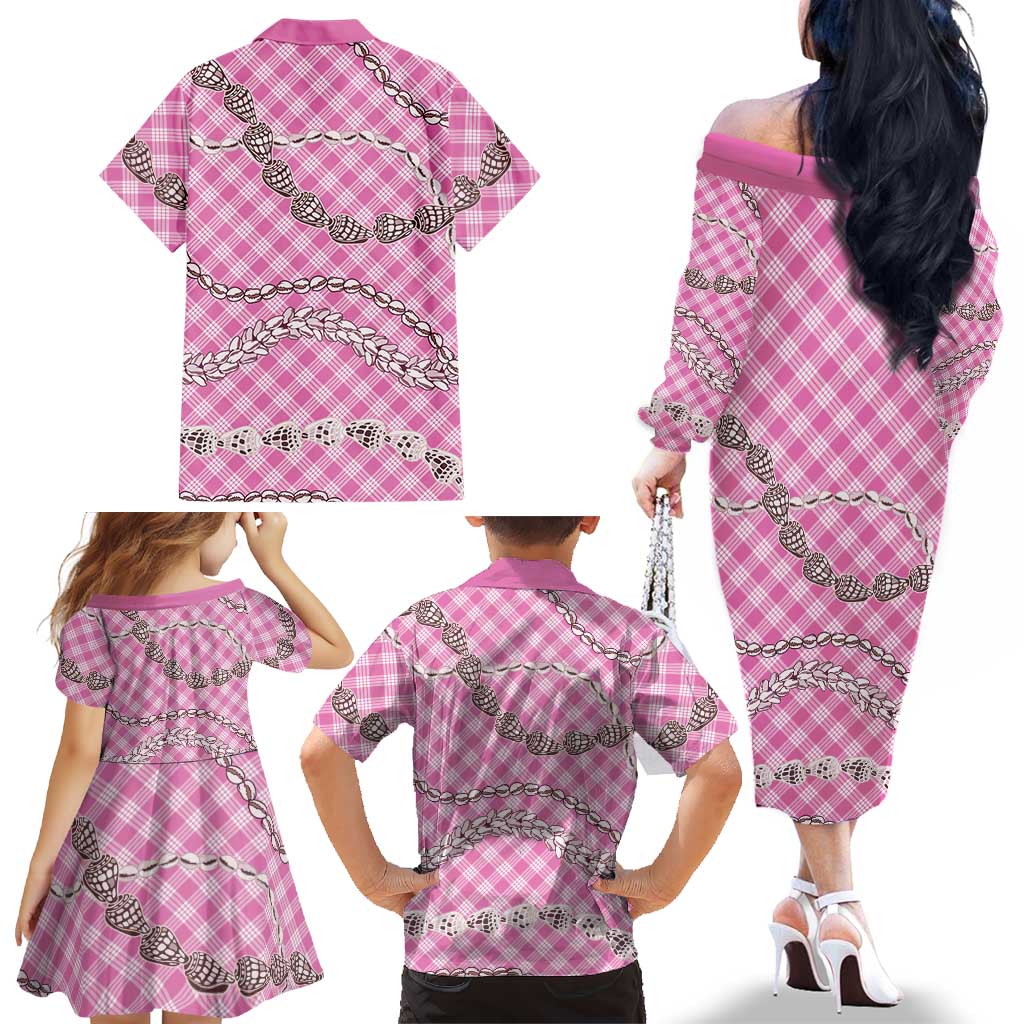 Pink Aloha Hawaii Shell Lei Family Matching Off The Shoulder Long Sleeve Dress and Hawaiian Shirt Palaka Hebrew Cone Honey Cowrie Elegant Curves LT14 - Polynesian Pride