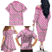 Pink Aloha Hawaii Shell Lei Family Matching Off The Shoulder Long Sleeve Dress and Hawaiian Shirt Palaka Hebrew Cone Honey Cowrie Elegant Curves LT14 - Polynesian Pride