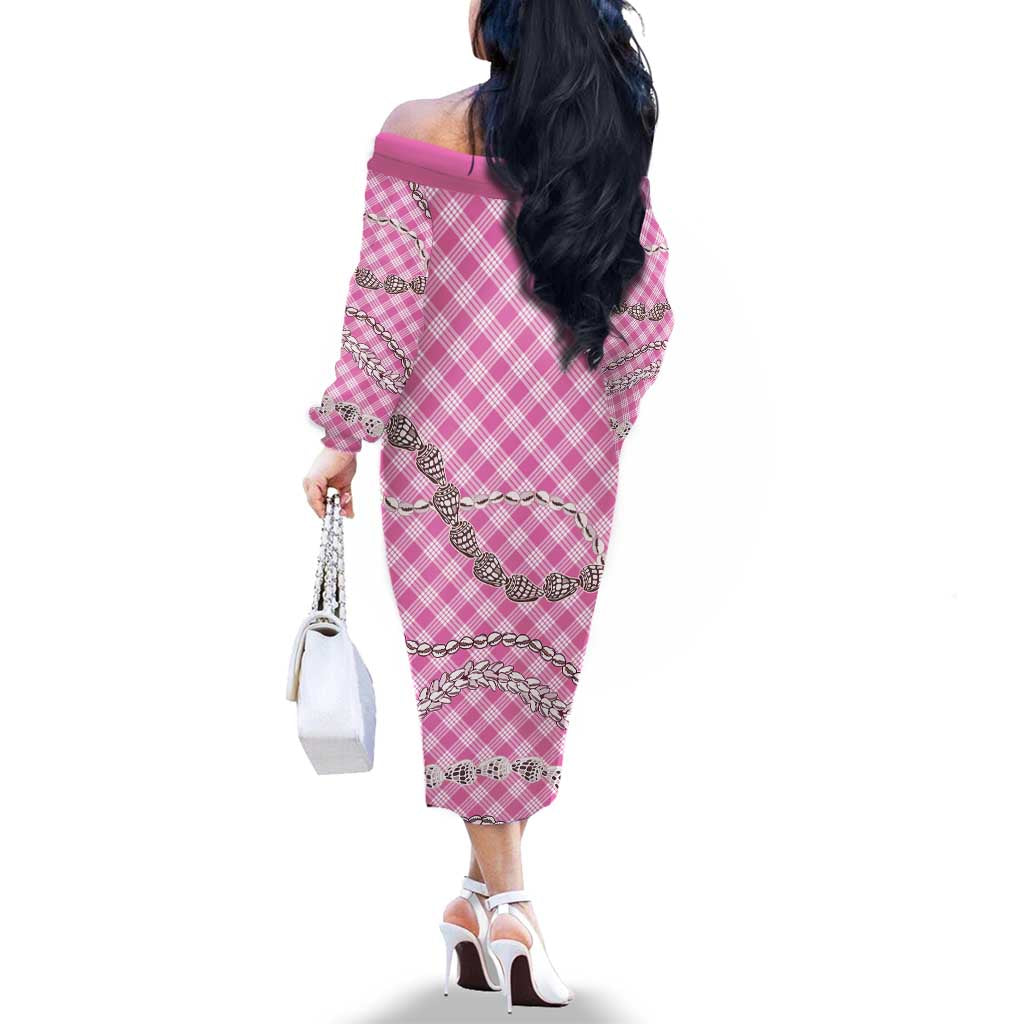 Pink Aloha Hawaii Shell Lei Family Matching Off The Shoulder Long Sleeve Dress and Hawaiian Shirt Palaka Hebrew Cone Honey Cowrie Elegant Curves LT14 - Polynesian Pride