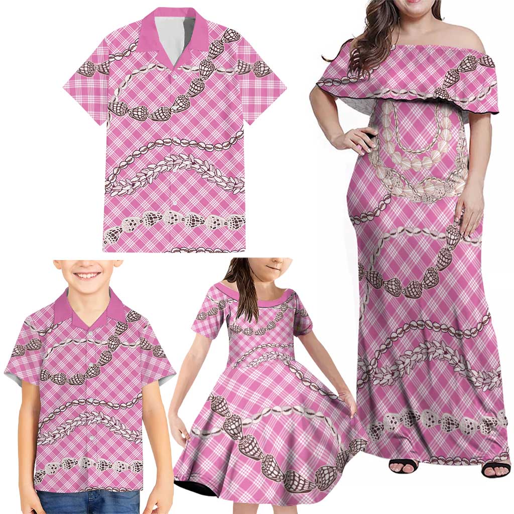 Pink Aloha Hawaii Shell Lei Family Matching Off Shoulder Maxi Dress and Hawaiian Shirt Palaka Hebrew Cone Honey Cowrie Elegant Curves LT14 - Polynesian Pride