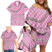 Pink Aloha Hawaii Shell Lei Family Matching Off Shoulder Short Dress and Hawaiian Shirt Palaka Hebrew Cone Honey Cowrie Elegant Curves LT14 - Polynesian Pride