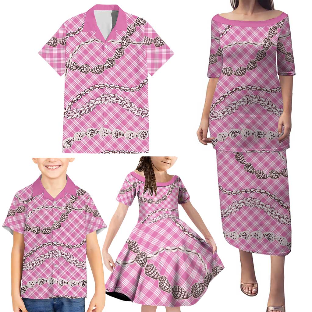 Pink Aloha Hawaii Shell Lei Family Matching Puletasi and Hawaiian Shirt Palaka Hebrew Cone Honey Cowrie Elegant Curves LT14 - Polynesian Pride
