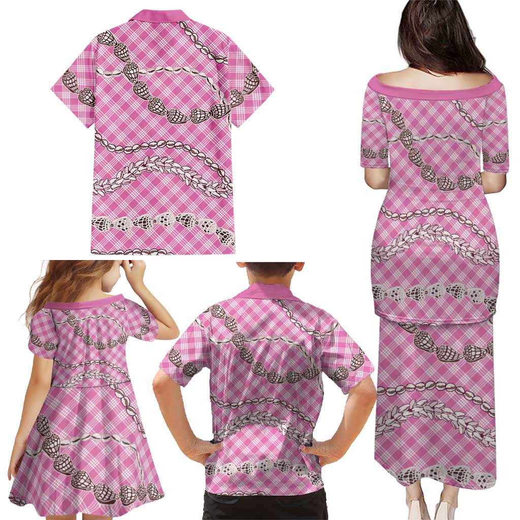 Pink Aloha Hawaii Shell Lei Family Matching Puletasi and Hawaiian Shirt Palaka Hebrew Cone Honey Cowrie Elegant Curves LT14 - Polynesian Pride