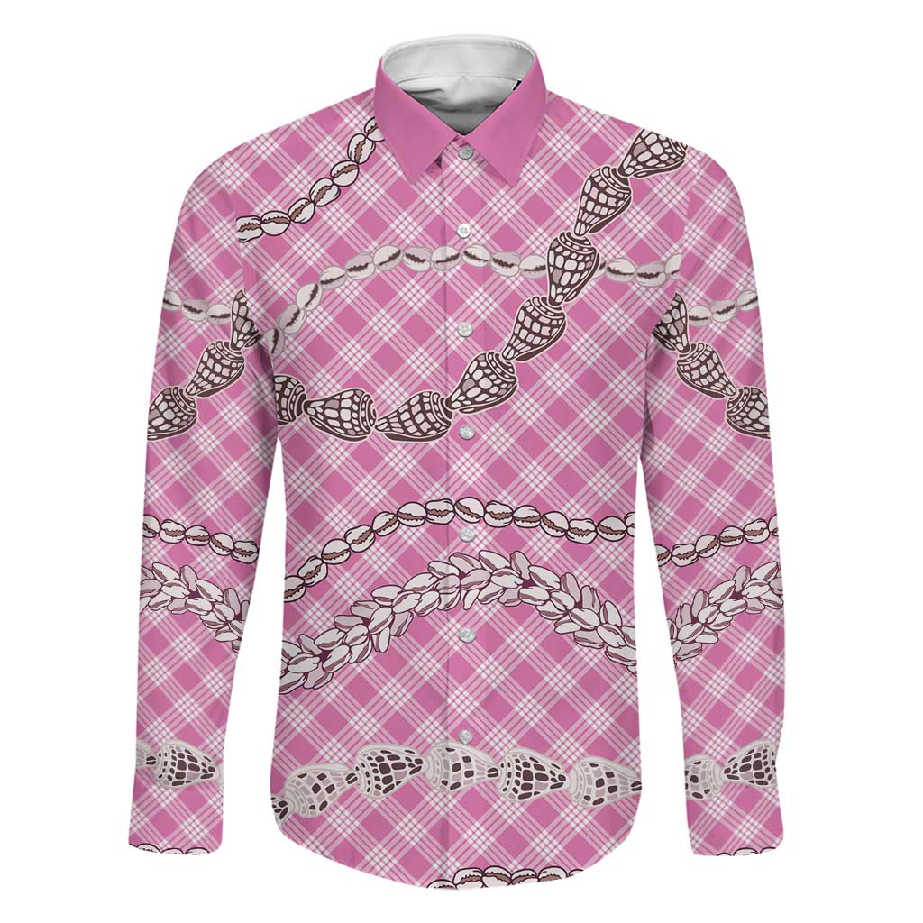 Pink Aloha Hawaii Shell Lei Family Matching Short Sleeve Bodycon Dress and Hawaiian Shirt Palaka Hebrew Cone Honey Cowrie Elegant Curves LT14 Dad's Shirt - Long Sleeve Pink - Polynesian Pride
