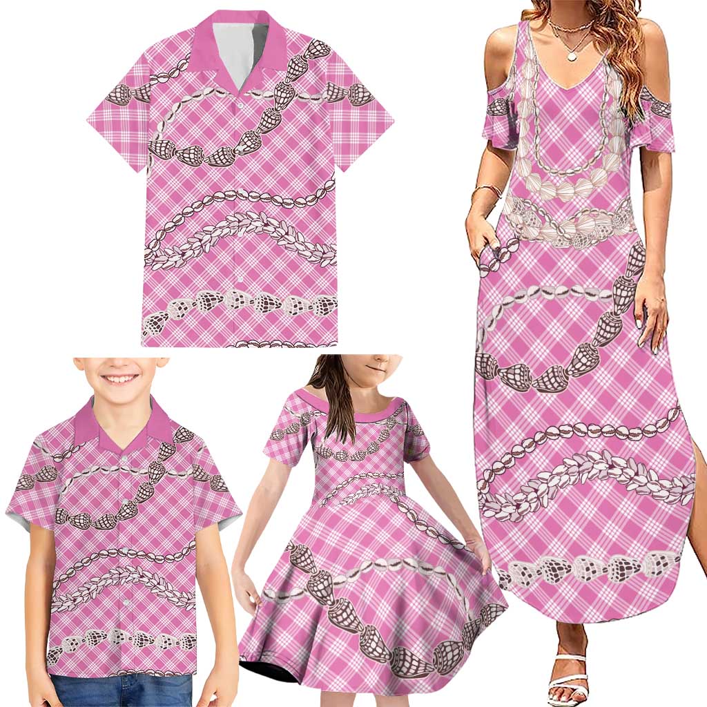Pink Aloha Hawaii Shell Lei Family Matching Summer Maxi Dress and Hawaiian Shirt Palaka Hebrew Cone Honey Cowrie Elegant Curves LT14 - Polynesian Pride