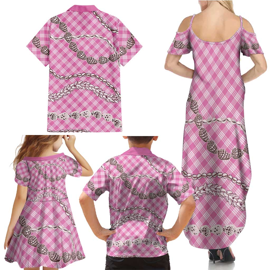 Pink Aloha Hawaii Shell Lei Family Matching Summer Maxi Dress and Hawaiian Shirt Palaka Hebrew Cone Honey Cowrie Elegant Curves LT14 - Polynesian Pride