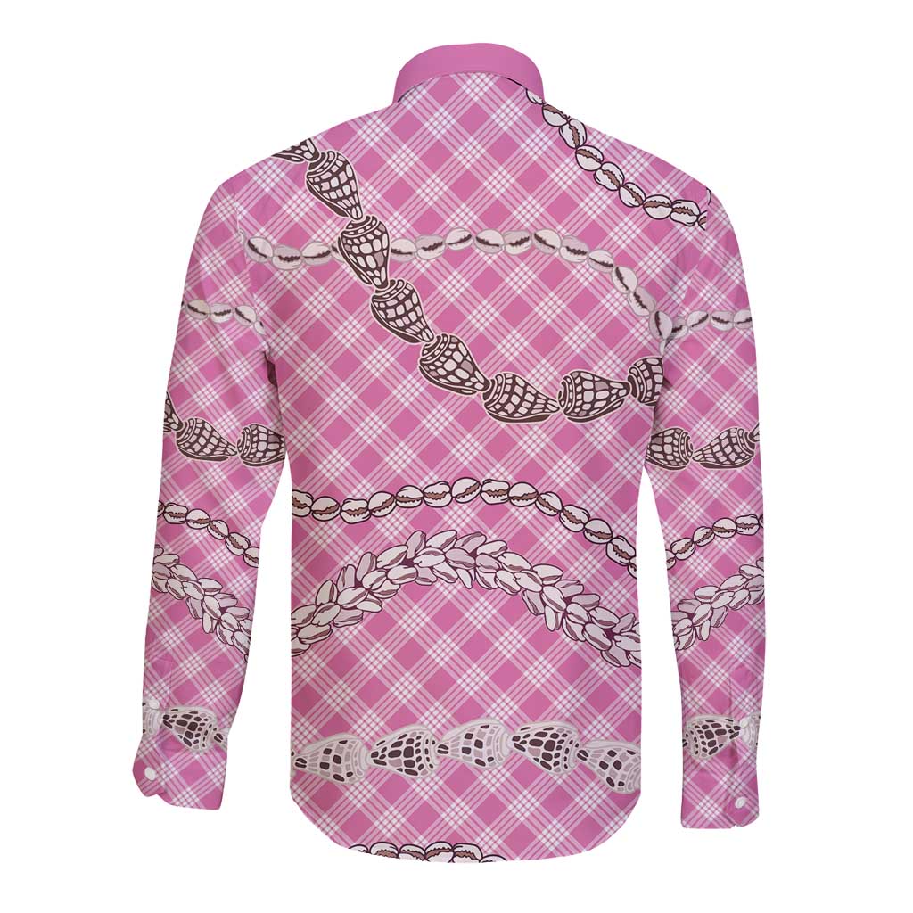 Pink Aloha Hawaii Shell Lei Long Sleeve Button Shirt Palaka Hebrew Cone Honey Cowrie Elegant Curves - Polynesian Pride