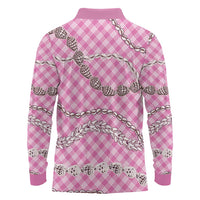 Pink Aloha Hawaii Shell Lei Long Sleeve Polo Shirt Palaka Hebrew Cone Honey Cowrie Elegant Curves - Polynesian Pride