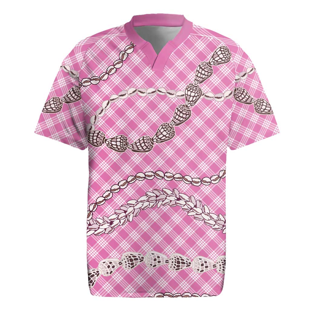Pink Aloha Hawaii Shell Lei Rugby Jersey Palaka Hebrew Cone Honey Cowrie Elegant Curves - Polynesian Pride