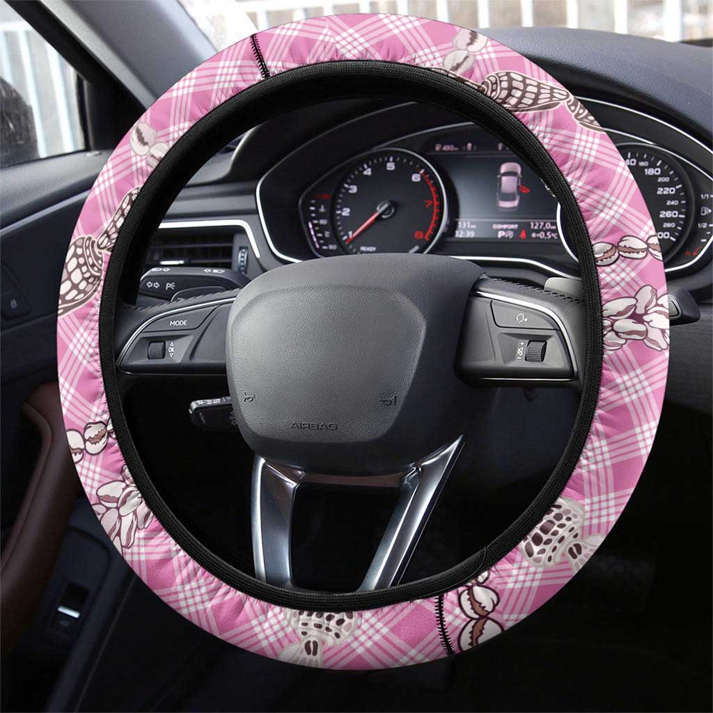 Pink Aloha Hawaii Shell Lei Steering Wheel Cover Palaka Hebrew Cone Honey Cowrie Elegant Curves - Polynesian Pride