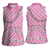 Pink Aloha Hawaii Shell Lei Women Sleeveless Polo Shirt Palaka Hebrew Cone Honey Cowrie Elegant Curves - Polynesian Pride