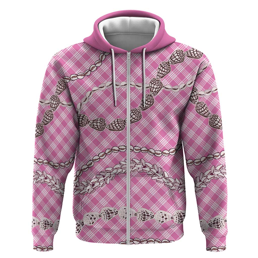 Pink Aloha Hawaii Shell Lei Zip Hoodie Palaka Hebrew Cone Honey Cowrie Elegant Curves - Polynesian Pride