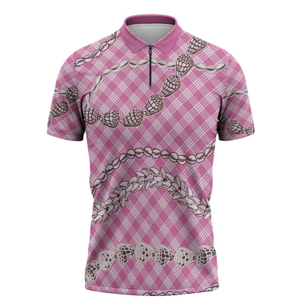 Pink Aloha Hawaii Shell Lei Zipper Polo Shirt Palaka Hebrew Cone Honey Cowrie Elegant Curves - Polynesian Pride