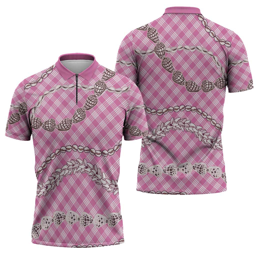 Pink Aloha Hawaii Shell Lei Zipper Polo Shirt Palaka Hebrew Cone Honey Cowrie Elegant Curves - Polynesian Pride
