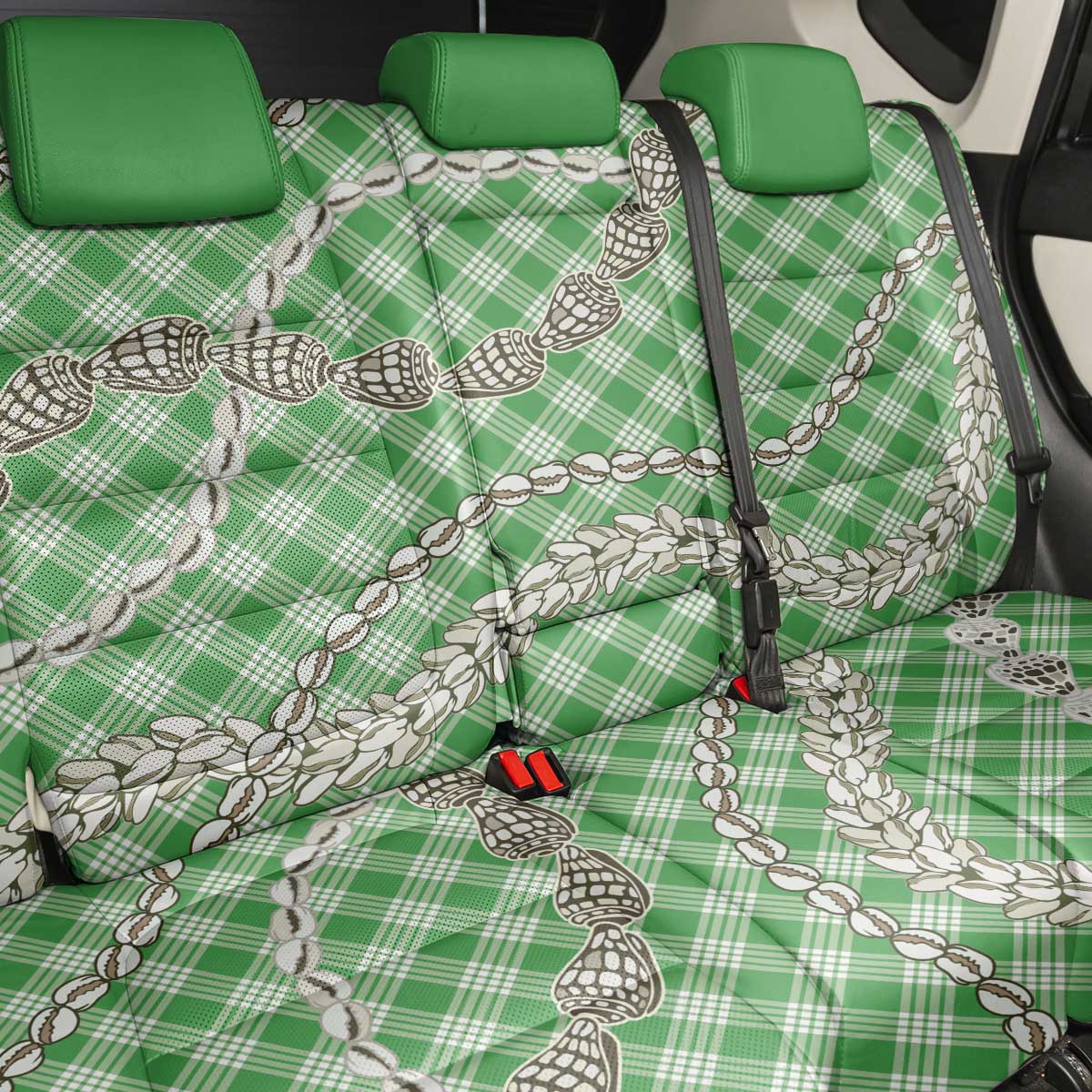 Green Aloha Hawaii Shell Lei Back Car Seat Cover Palaka Hebrew Cone Honey Cowrie Elegant Curves - Polynesian Pride