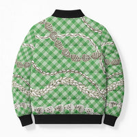 Green Aloha Hawaii Shell Lei Bomber Puffer Jacket Palaka Hebrew Cone Honey Cowrie Elegant Curves - Polynesian Pride