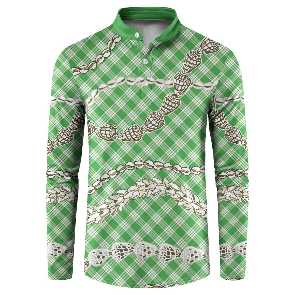 Green Aloha Hawaii Shell Lei Button Sweatshirt Palaka Hebrew Cone Honey Cowrie Elegant Curves - Polynesian Pride