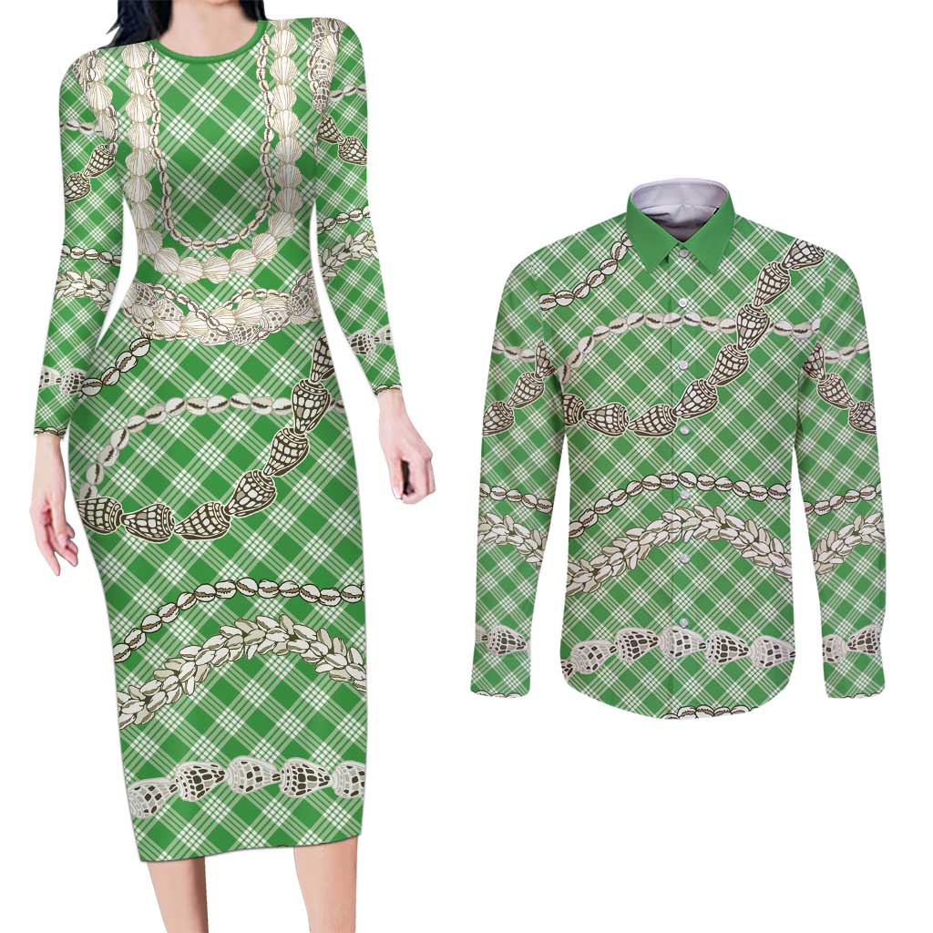Green Aloha Hawaii Shell Lei Couples Matching Long Sleeve Bodycon Dress and Long Sleeve Button Shirt Palaka Hebrew Cone Honey Cowrie Elegant Curves - Polynesian Pride