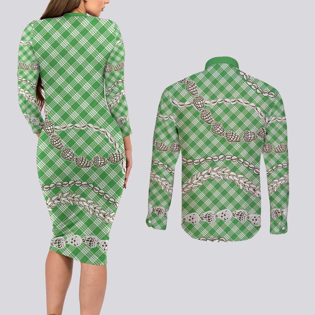 Green Aloha Hawaii Shell Lei Couples Matching Long Sleeve Bodycon Dress and Long Sleeve Button Shirt Palaka Hebrew Cone Honey Cowrie Elegant Curves - Polynesian Pride
