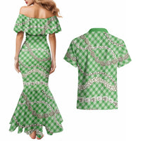 Green Aloha Hawaii Shell Lei Couples Matching Mermaid Dress and Hawaiian Shirt Palaka Hebrew Cone Honey Cowrie Elegant Curves LT14 - Polynesian Pride