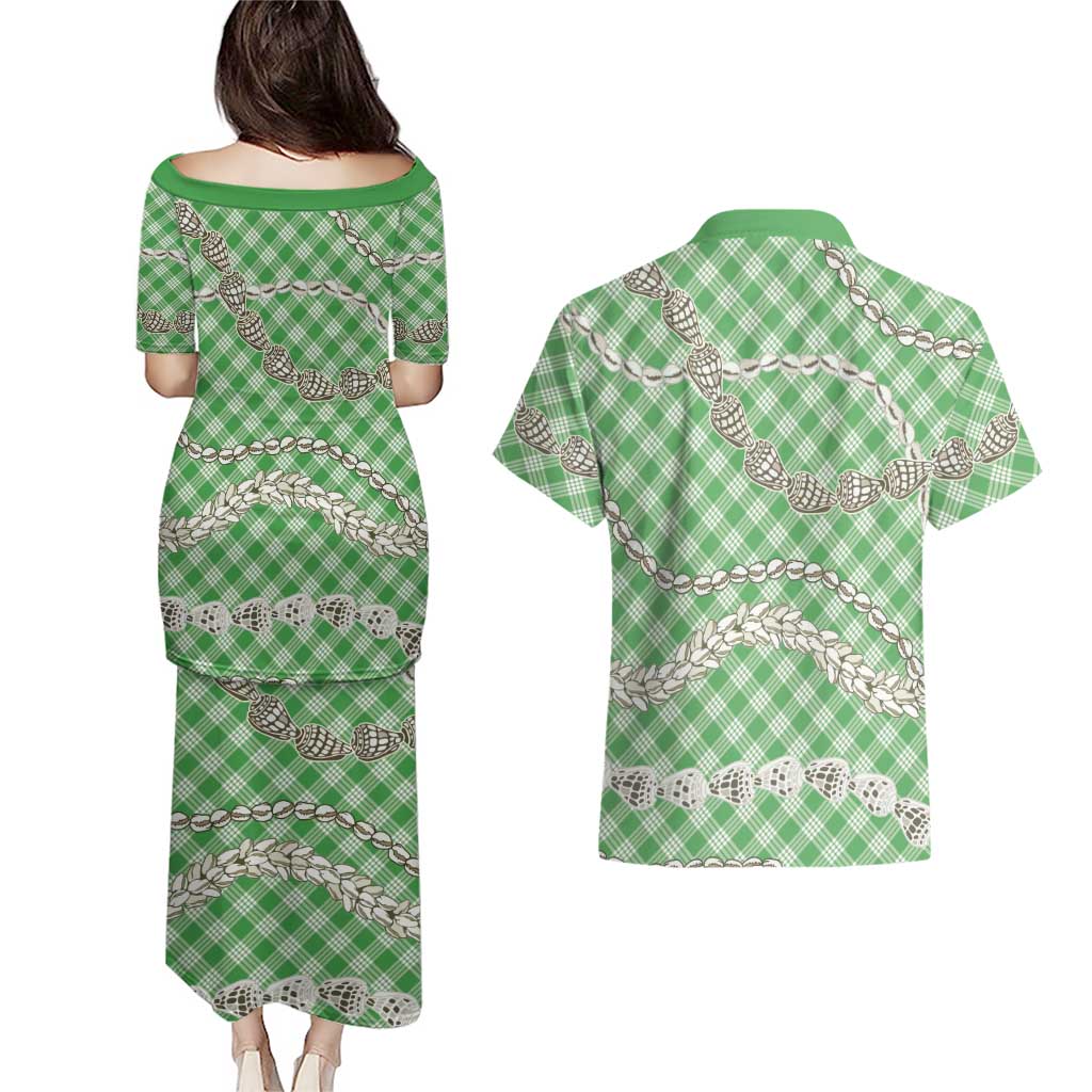Green Aloha Hawaii Shell Lei Couples Matching Puletasi and Hawaiian Shirt Palaka Hebrew Cone Honey Cowrie Elegant Curves - Polynesian Pride