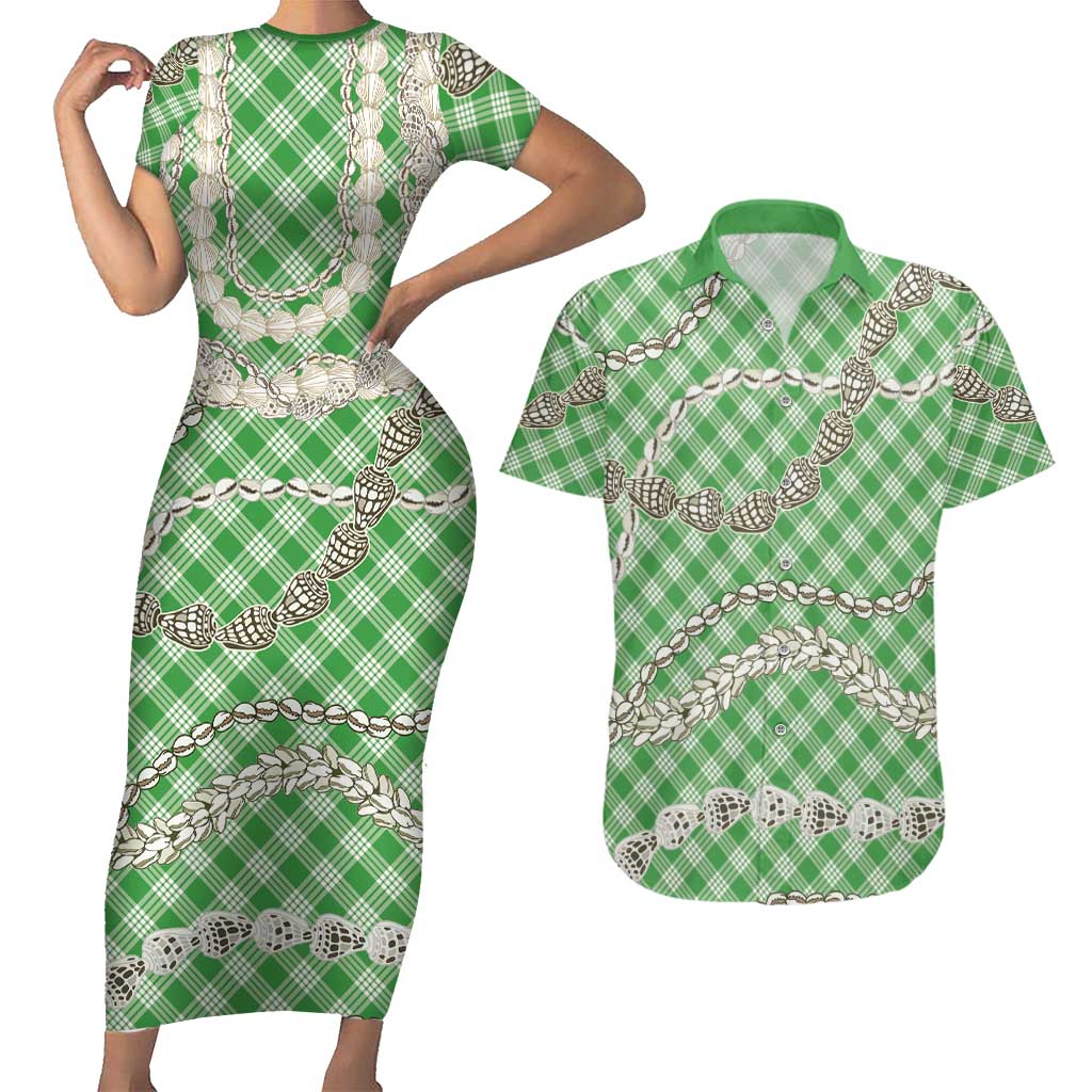 Green Aloha Hawaii Shell Lei Couples Matching Short Sleeve Bodycon Dress and Hawaiian Shirt Palaka Hebrew Cone Honey Cowrie Elegant Curves LT14 Green - Polynesian Pride