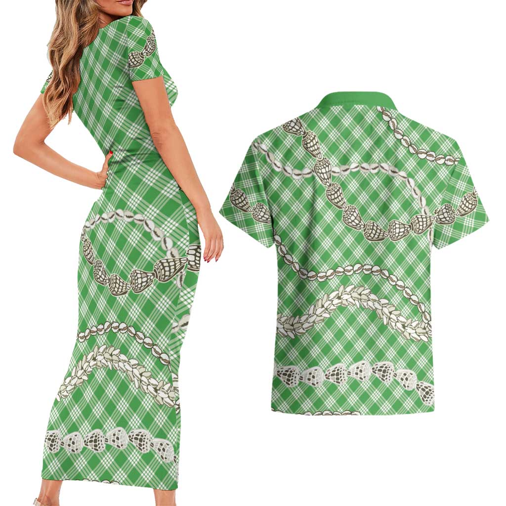 Green Aloha Hawaii Shell Lei Couples Matching Short Sleeve Bodycon Dress and Hawaiian Shirt Palaka Hebrew Cone Honey Cowrie Elegant Curves LT14 - Polynesian Pride